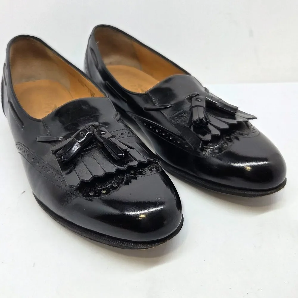 Salvatore Ferragamo Mens Black Leather Kilted Tassel Loafers Size US 7.5 D